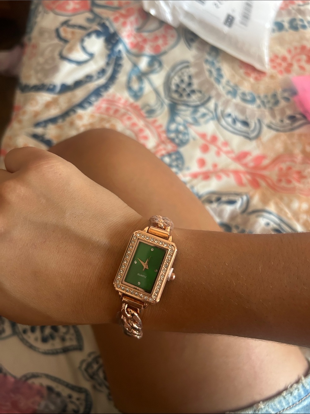 Rose Gold Chain-Link Bracelet Watch with Green Dial